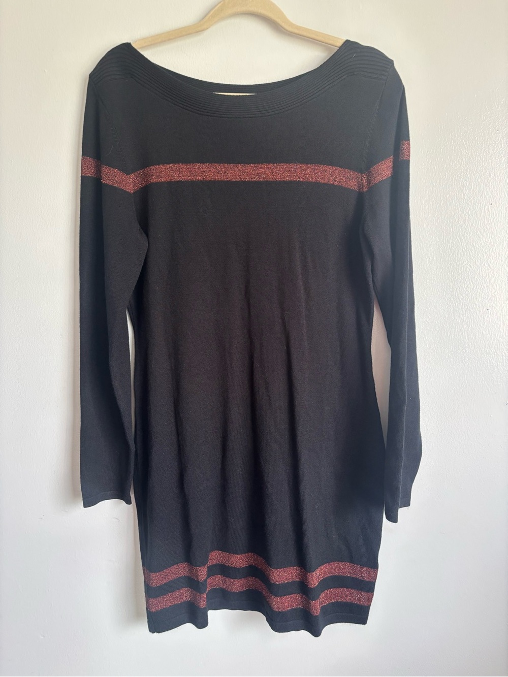 Venus Black Long Sleeve Knit Dress with Metallic Pink Stripes size Large